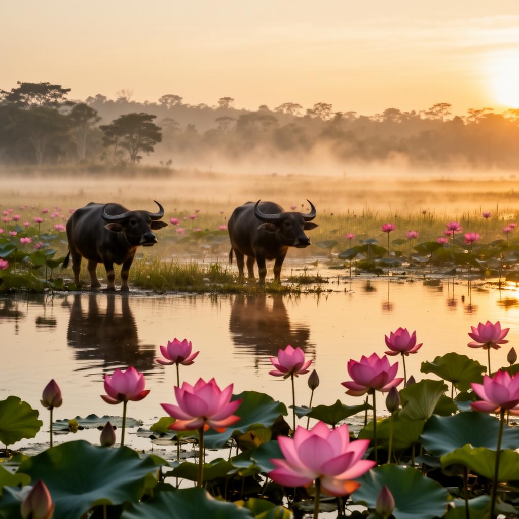 Lotus flowers and water buffalo at sunrise on Thale Noi Lake, Phatthalung