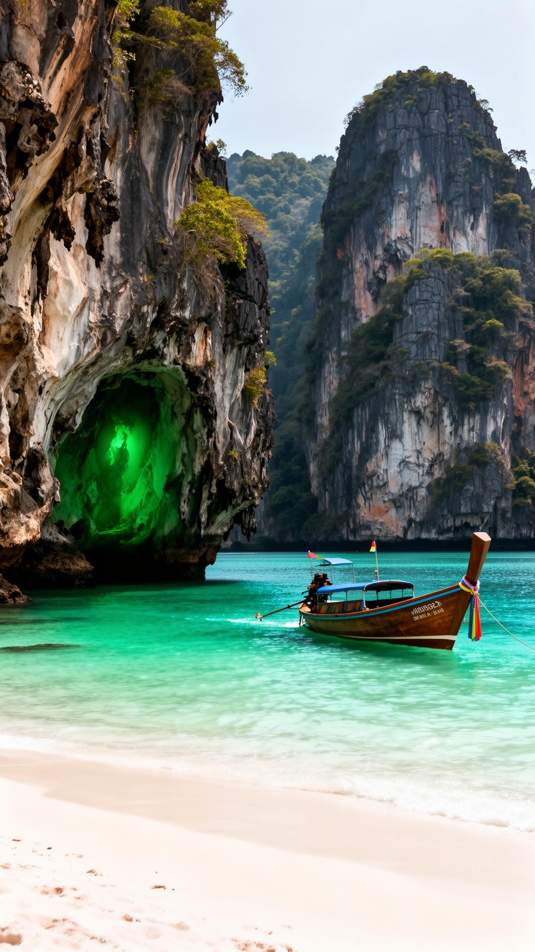 Beach and karst island in Trang, turquoise water and limestone cliffs